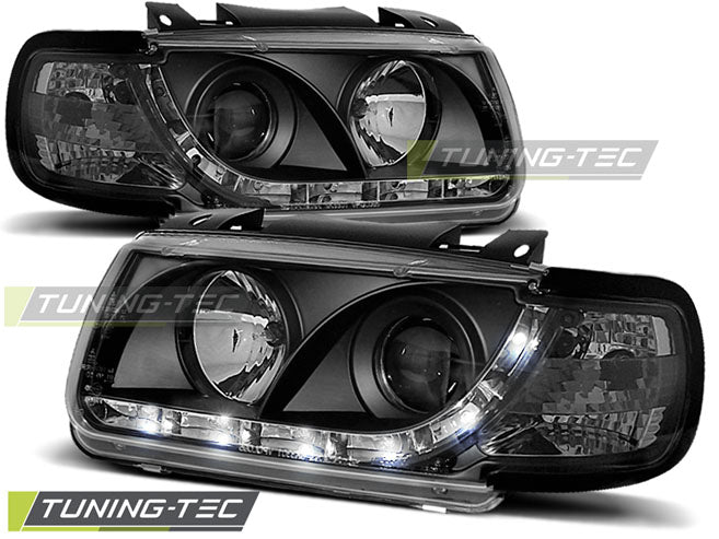 Phares avant noirs à feux de jour compatibles avec VW Polo 6N 10.94-09.99 (berline à hayon)