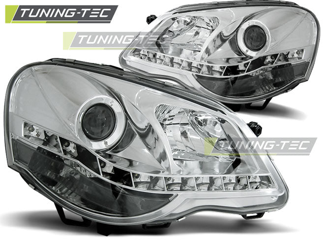 Phares chromés à feux de jour compatibles avec VW Polo 9N3 04.05-09