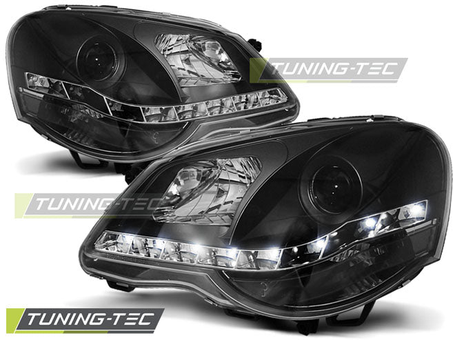 Phares avant noirs à feux de jour compatibles avec VW Polo 9N3 04.05-09