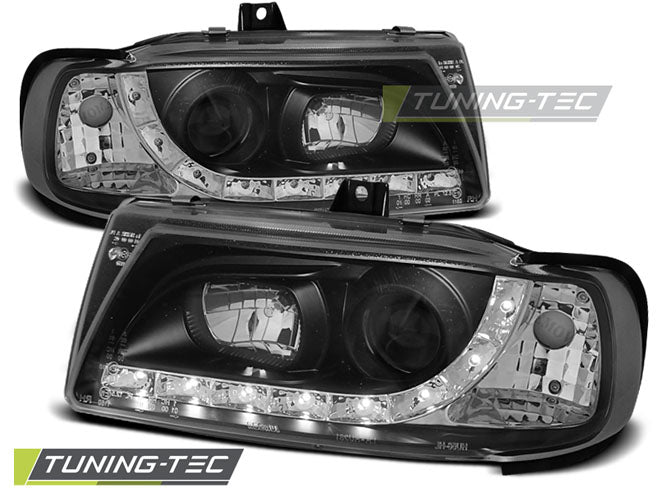Phares avant noirs à éclairage diurne compatibles avec SEAT Ibiza/Cordoba/Polo Variant, berline 10.93-08.99