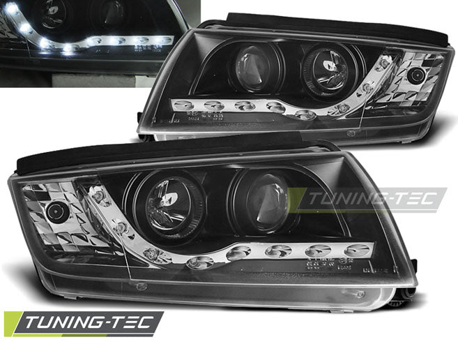 Phares avant noirs à feux de jour compatibles avec SKODA FABIA 12.99-08