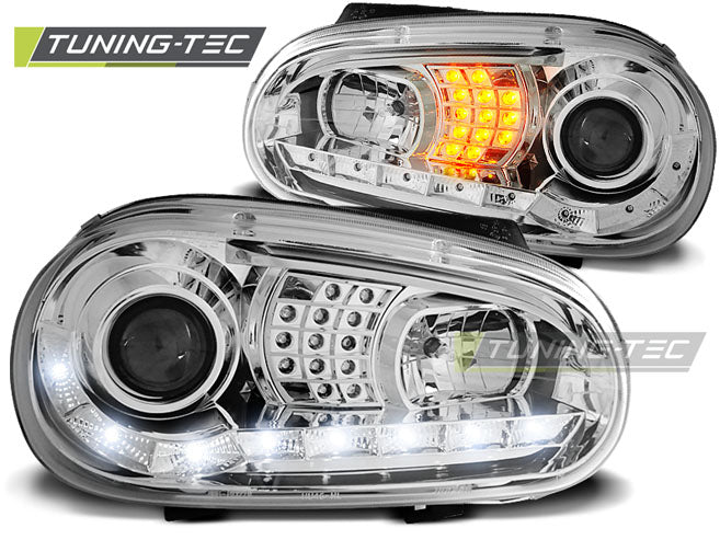 Phares chromés à feux de jour compatibles avec VW Golf 4 09.97-09.03