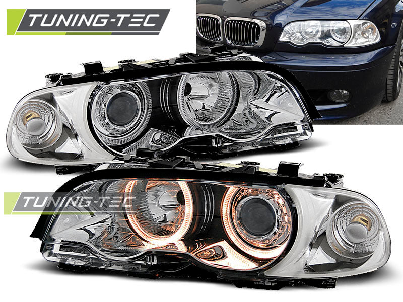 Phares Angel Eyes chromés compatibles BMW E46 04.99-08.01 Coupé Cabriolet