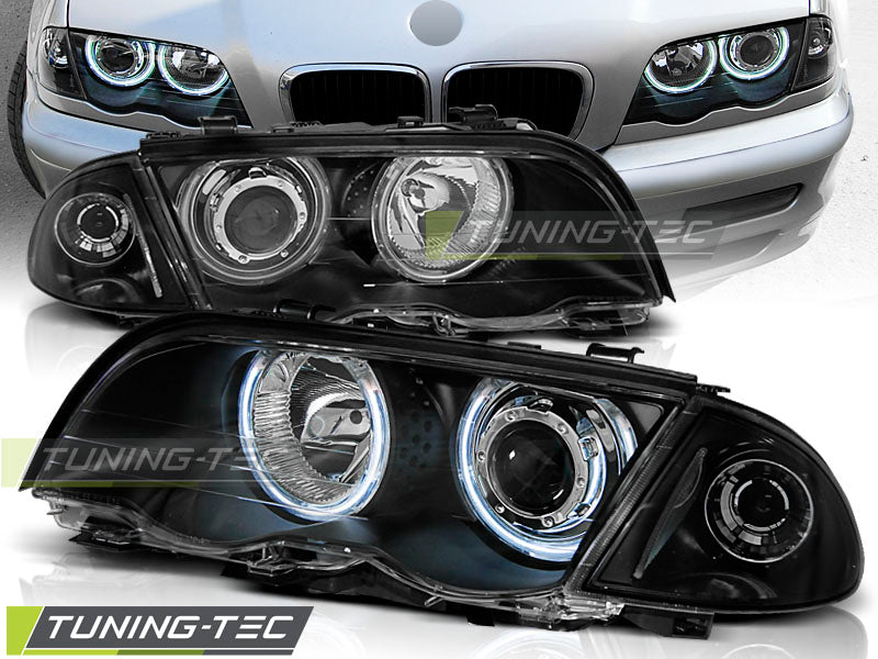 Phares Angel Eyes CCFL noirs compatibles BMW E46 05.98-08.01 S/T