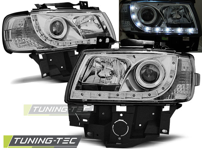 Phares chromés à feux de jour compatibles avec VW T4 (08.96-03.03)