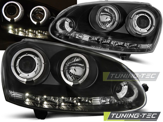 Phares Angel Eyes noirs compatibles avec VW Golf 5 10.03-09