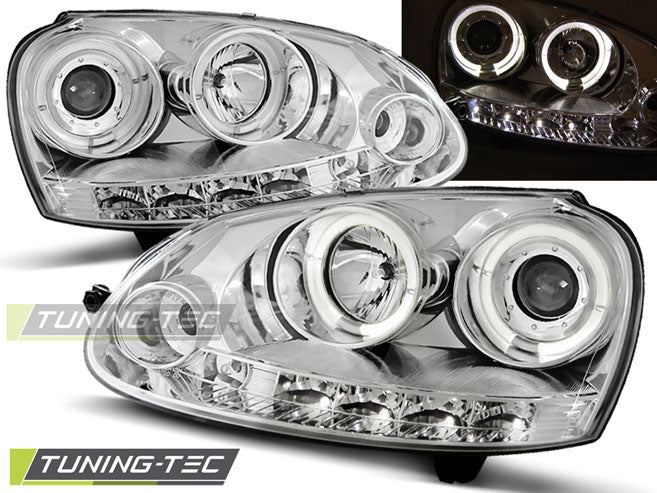 Phares Angel Eyes chromés compatibles avec VW Golf 5 10.03-09