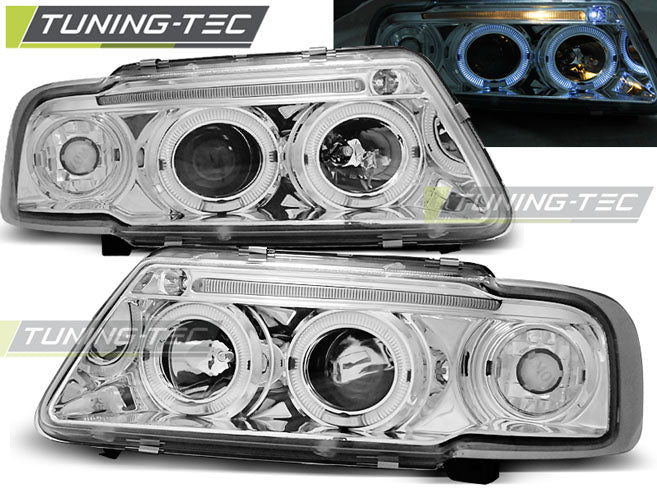 Phares Angel Eyes chromés compatibles avec Audi A3 8L 08.96-08.00