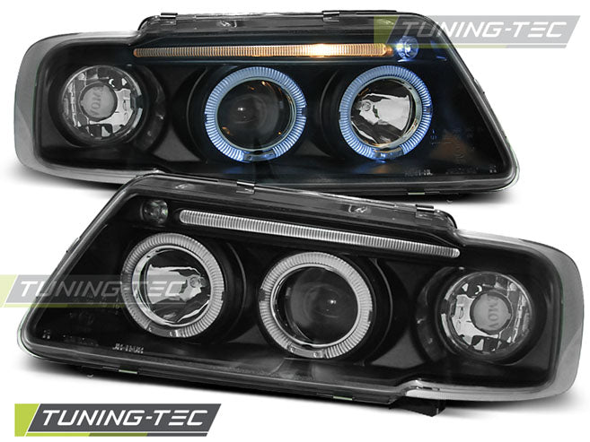 Phares Angel Eyes noirs compatibles avec Audi A3 8L 08.96-08.00