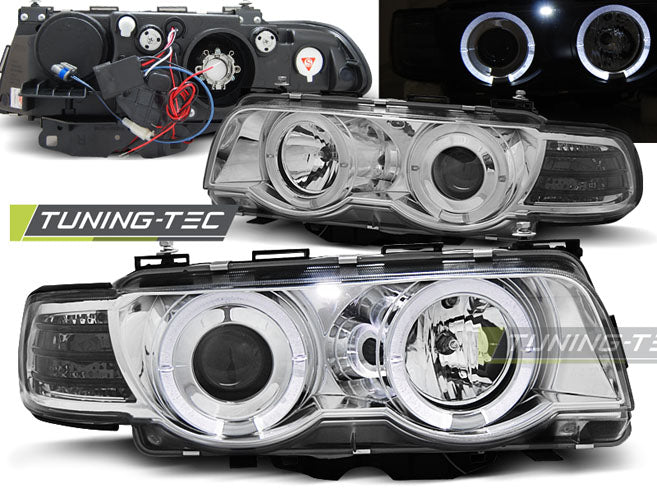 Phares au xénon Angel Eyes chromés compatibles BMW E38 09.98-07.01