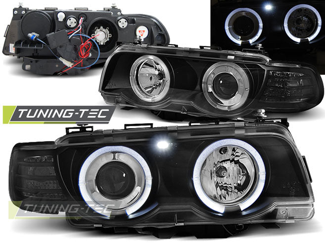 Phares au xénon Angel Eyes noirs compatibles BMW E38 09.98-07.01
