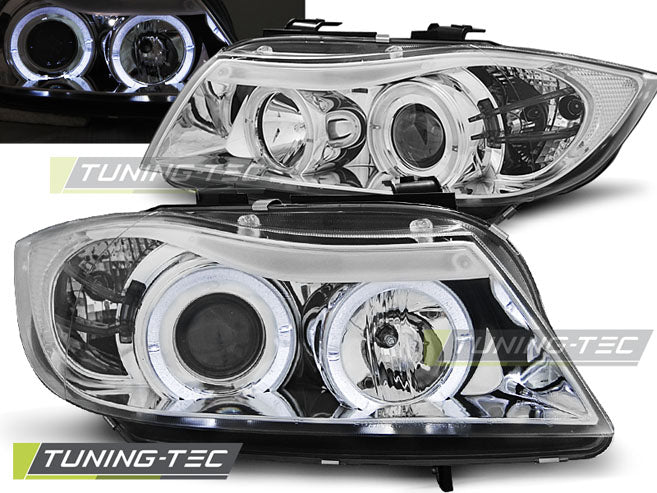 Phares Angel Eyes chromés compatibles BMW E90/E91 03.05-08.08