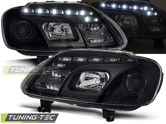 Phares avant noirs à feux de jour compatibles avec VW Touran 02.03-10.06 / Caddy