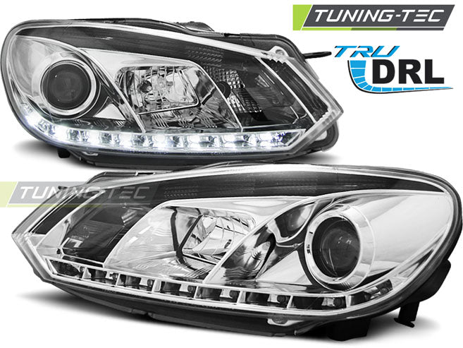 Phares chromés avec feux de jour (DRL) compatibles avec VW Golf 6 (2010-2012).