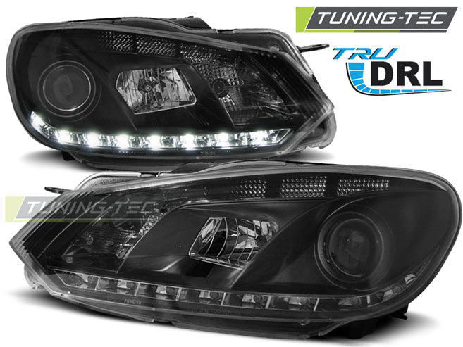 Phares avec feux de jour noirs pour VW Golf 6 (2010-2012).