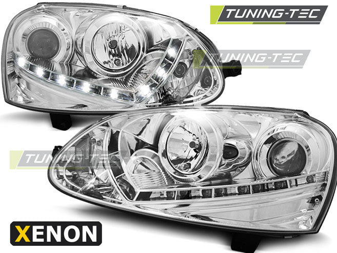 Phares au xénon chromés pour feux de jour, compatibles avec VW Golf 5 (2003-2008).