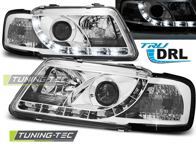 Phares avec feux de jour chromés compatibles avec Audi A3 8L 08.96-08.00