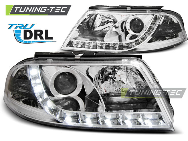 Phares chromés avec feux de jour (DRL) compatibles avec VW Passat 3BG 09.00-03.05