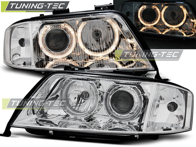 Phares Angel Eyes chromés compatibles avec Audi A6 05.97-09.99