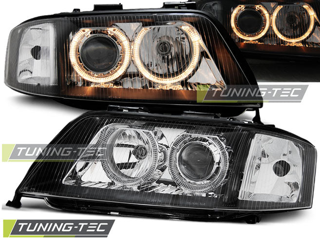 Phares Angel Eyes noirs compatibles avec Audi A6 05.97-09.99