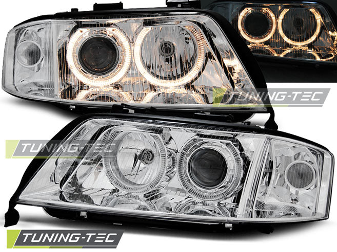 Phares Angel Eyes chromés compatibles avec Audi A6 05.97-06.01