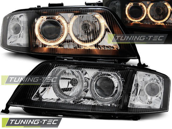 Phares Angel Eyes noirs compatibles avec Audi A6 05.97-06.01
