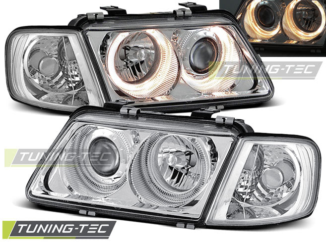 Phares Angel Eyes chromés compatibles avec Audi A3 08.96-08.00