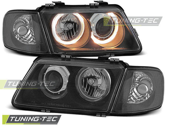Phares Angel Eyes noirs compatibles avec Audi A3 08.96-08.00