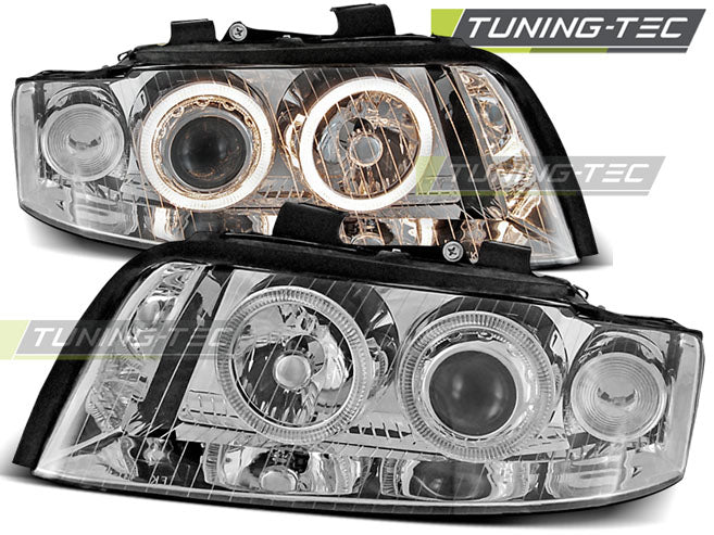 Phares Angel Eyes chromés compatibles avec Audi A4 10.00-10.04