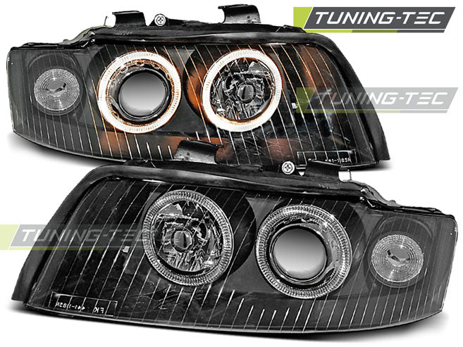 Phares Angel Eyes noirs compatibles avec Audi A4 10.00-10.04
