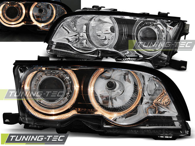 Phares Angel Eyes chromés compatibles BMW E46 09.01-03.03 Coupé Cabriolet