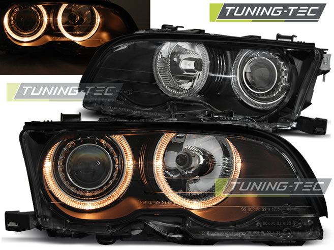Phares Angel Eyes noirs compatibles BMW E46 Coupé Cabriolet 09.01-03.03