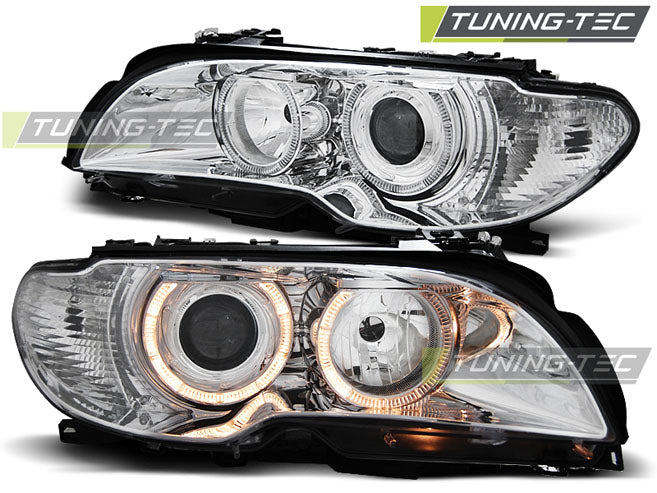 Phares Angel Eyes chromés compatibles BMW E46 Coupé Cabriolet 04.03-06