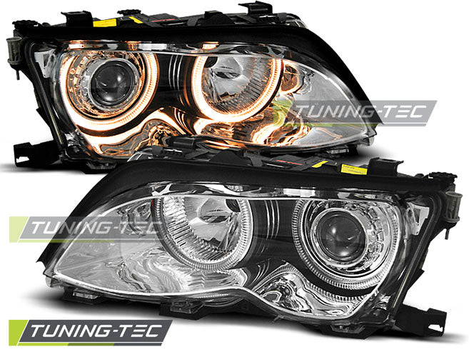 Phares Angel Eyes chromés compatibles BMW E46 09.01-03.05 S/T