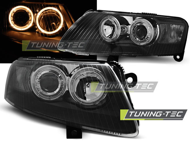 Phares Angel Eyes noirs compatibles avec Audi A6 C6 04.04-08