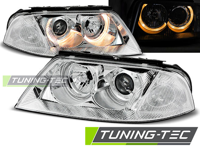 Phares Angel Eyes chromés compatibles avec VW Passat 3BG B5 FL 09.00-03.05
