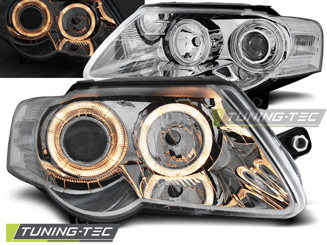 Phares Angel Eyes chromés compatibles VW Passat B6 3C 03.05-10