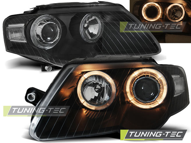 Phares Angel Eyes noirs compatibles avec VW Passat B6 3C 03.05-10