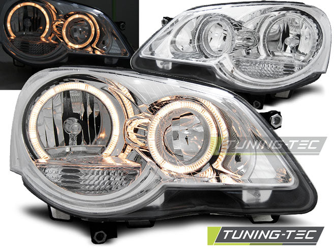 Phares Angel Eyes chromés compatibles VW Polo 9N3 04.05-09