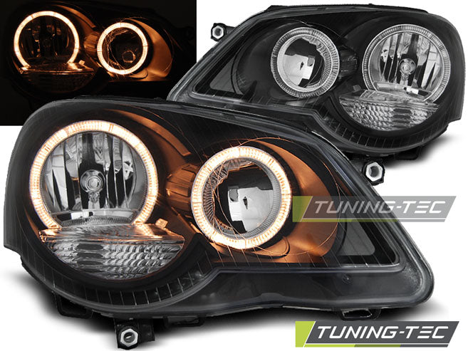 Phares Angel Eyes noirs compatibles avec VW Polo 9N3 04.05-09