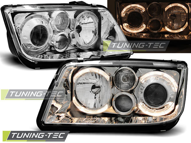 Phares Angel Eyes chromés compatibles avec VW Bora 09.98-07.05