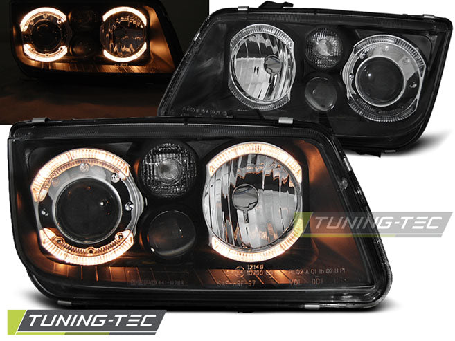 Phares Angel Eyes noirs compatibles avec VW Bora 09.98-07.05
