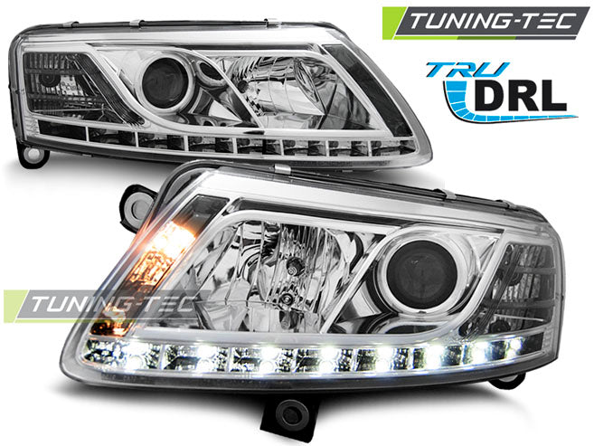 Phares avec feux de jour chromés pour Audi A6 C6 (2004-2008)
