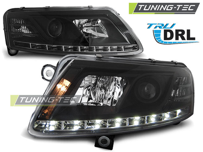 Phares avec feux de jour noirs pour Audi A6 C6 (2004-2008).