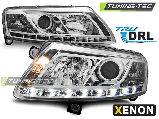 Phares au xénon avec feux de jour chromés, compatibles avec Audi A6 C6 (2004-2008).