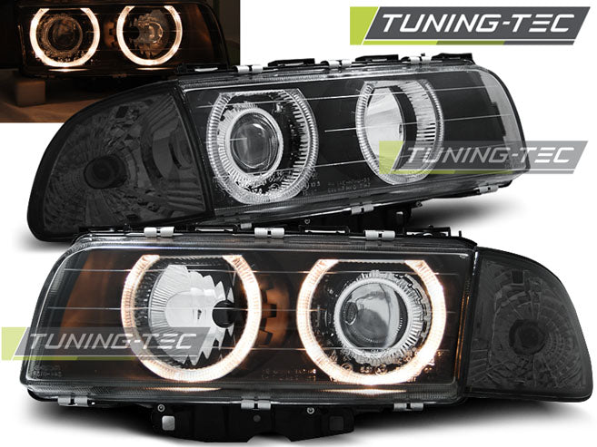 Phares Angel Eyes noirs compatibles BMW E38 06.94-08.98