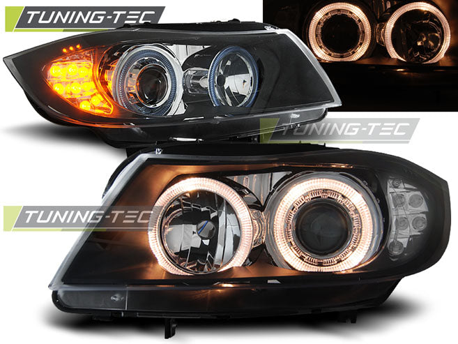 Phares Angel Eyes noirs avec clignotants LED compatibles BMW E90/E91 03.05-08.08