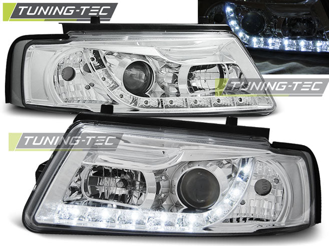 Phares chromés à feux de jour compatibles avec VW Passat B5 11.96-08.00