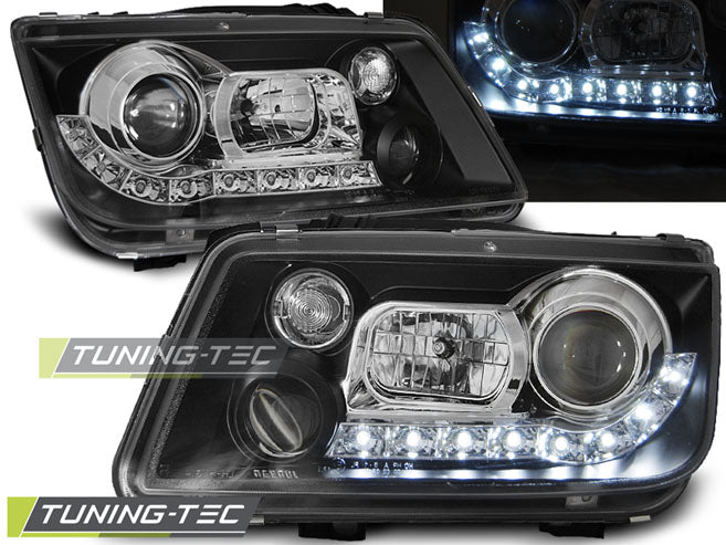 Phares avant noirs à feux de jour compatibles avec VW Bora 09.98-05.05