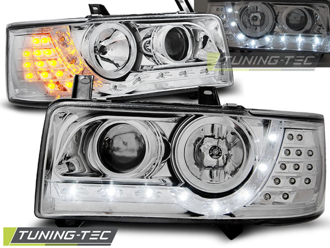 Phares chromés à feux de jour compatibles avec VW T4 Transporter 90-03